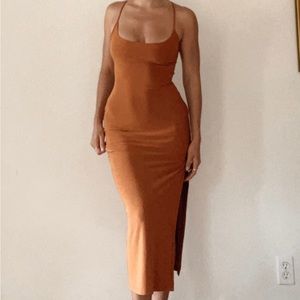 Burnt orange midi with a slit dress